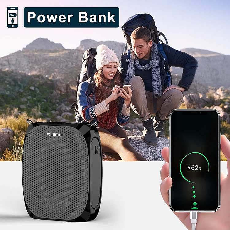 قابلیت استفاده از میکروفون SHIDU به عنوان پاوربانک – مناسب برای سفر و طبیعتگردی میکروفون کمری SHIDU با قابلیت پاوربانک برای شارژ گوشی در فضای باز
